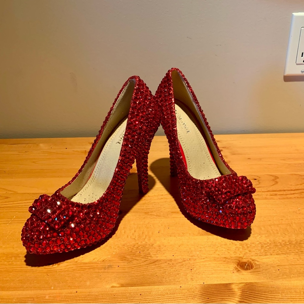 red pumps with hand-glued crystals, custom made, size 6